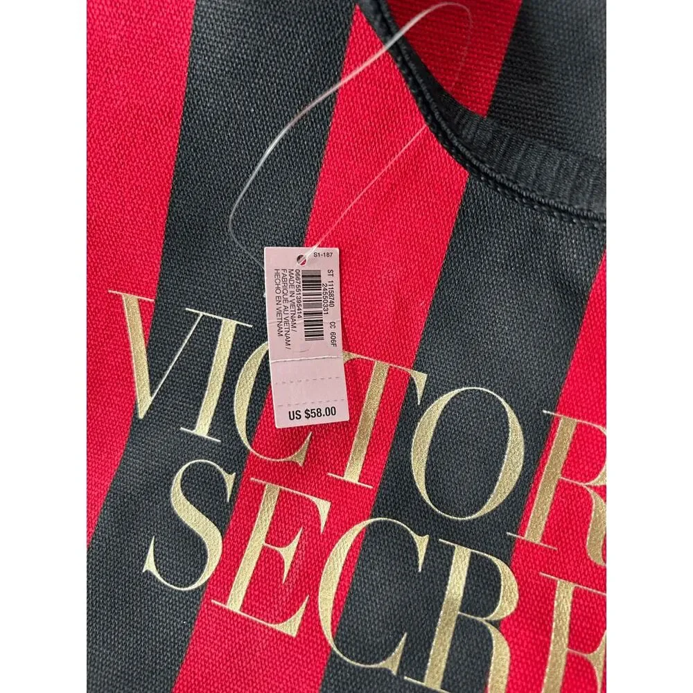 Victoria's Secret Red/Black Striped Large Tote/Beach Bag, NWT, Zipper, Crossbody - Picture 10 of 10